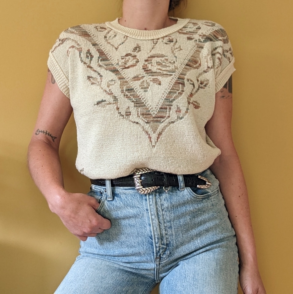 Vintage Floral Knit Sweater Vest Retro Ivory White Sz M
